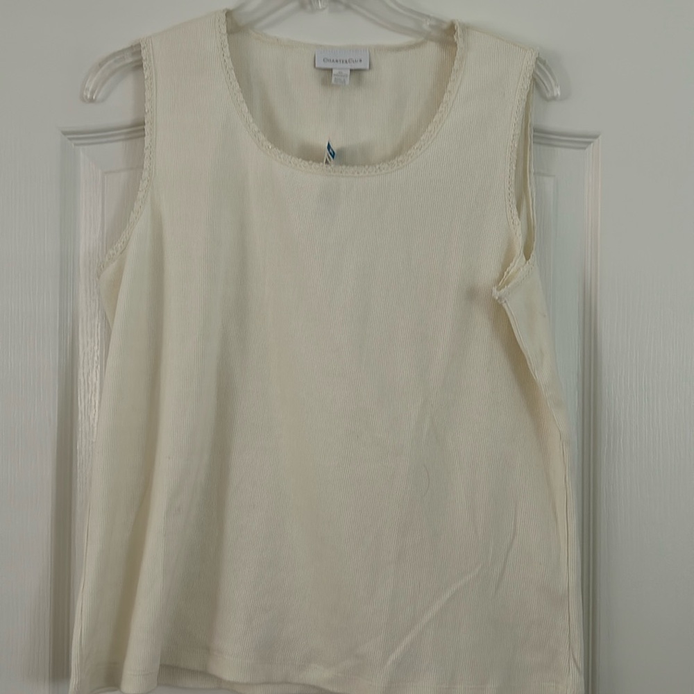 Charter Club Fine Ribbed Stretch Tank Top with Lace and Bead Accents
